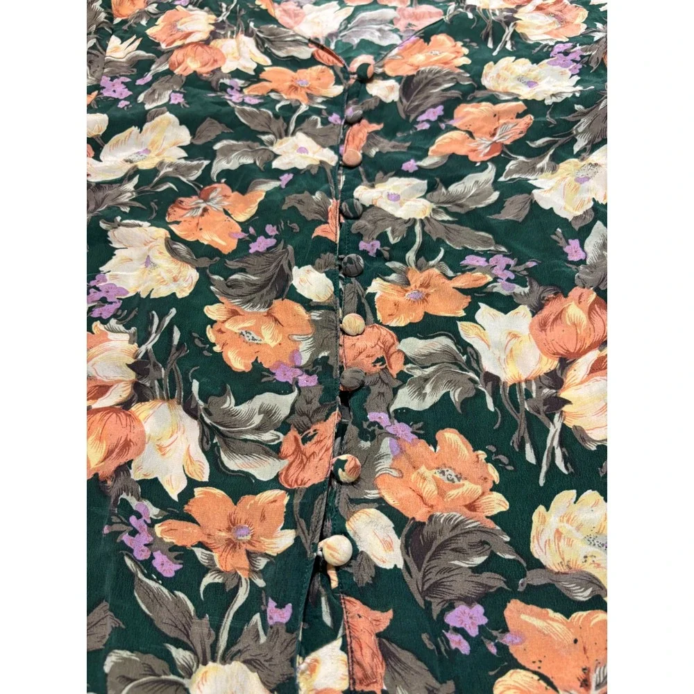 Vintage Silk‎ Floral Button Up Short Sleeve Blouse Green Orange Yellow - Picture 3 of 9